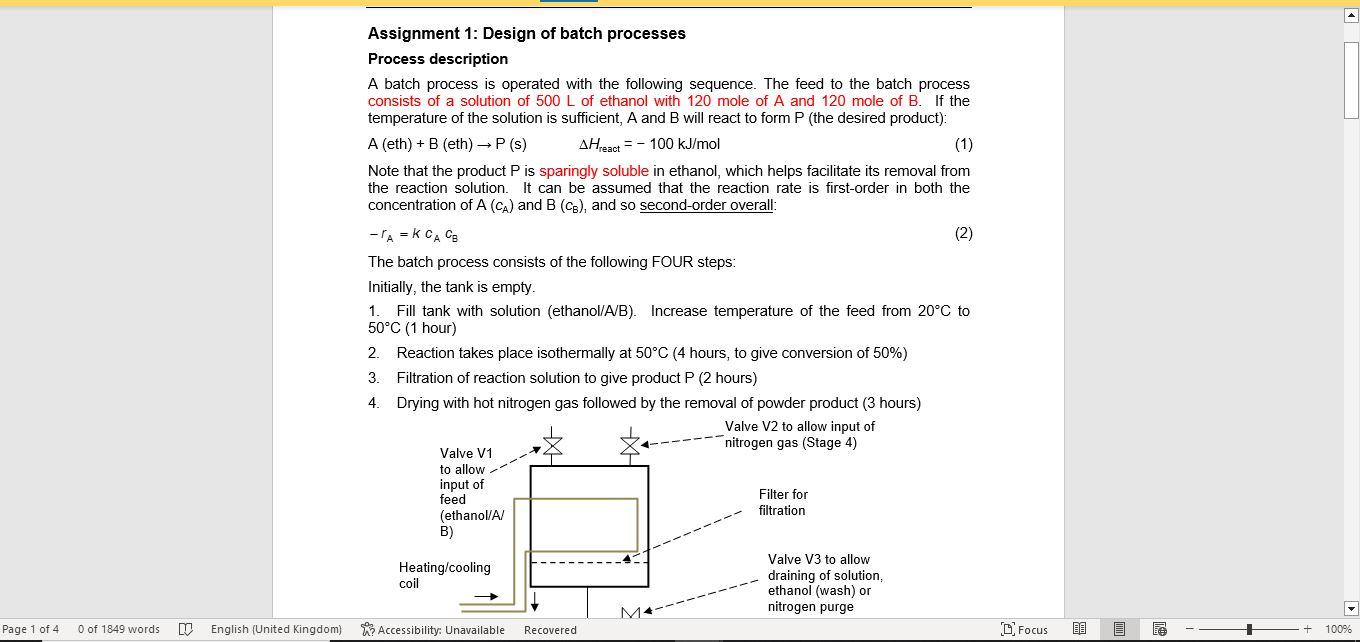  Assignment 1: Design of batch processes Process description A batch process