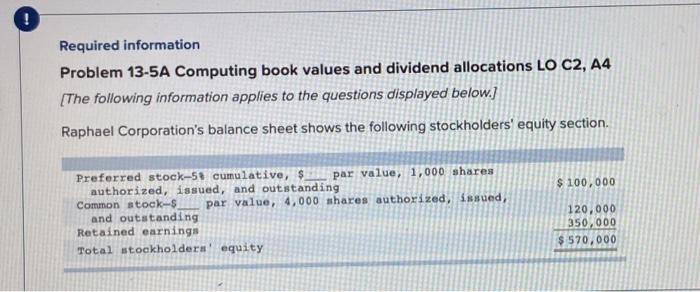 info: entry: Required information Problem 13-5A Computing book values and dividend allocations