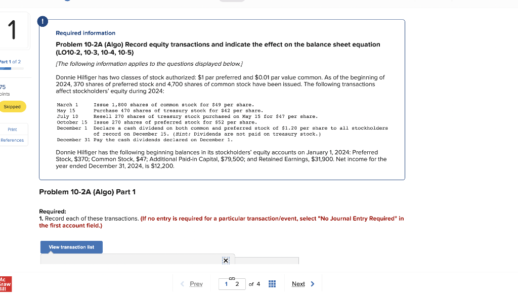  Required information Problem 10-2A (Algo) Record equity transactions and indicate the