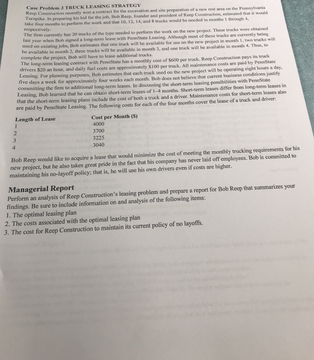  Case Problem 3 TRUCK LEASING STRATEGY R. eep Construction recently won