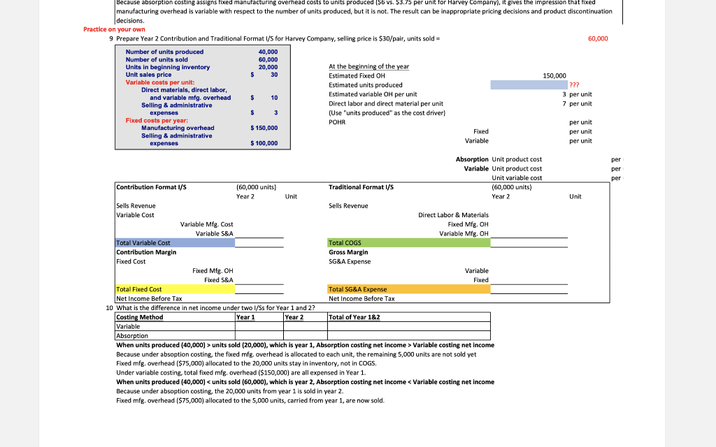 managerial accounting excel need help with 9 & 10. Because absorption