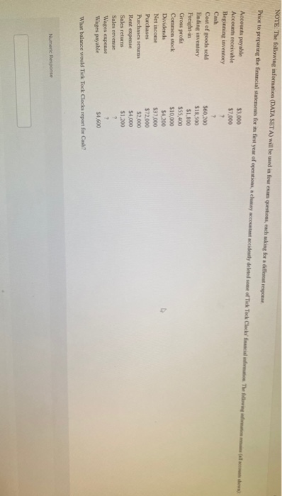  NOTE: The following information (DATA SETA) will be used in four