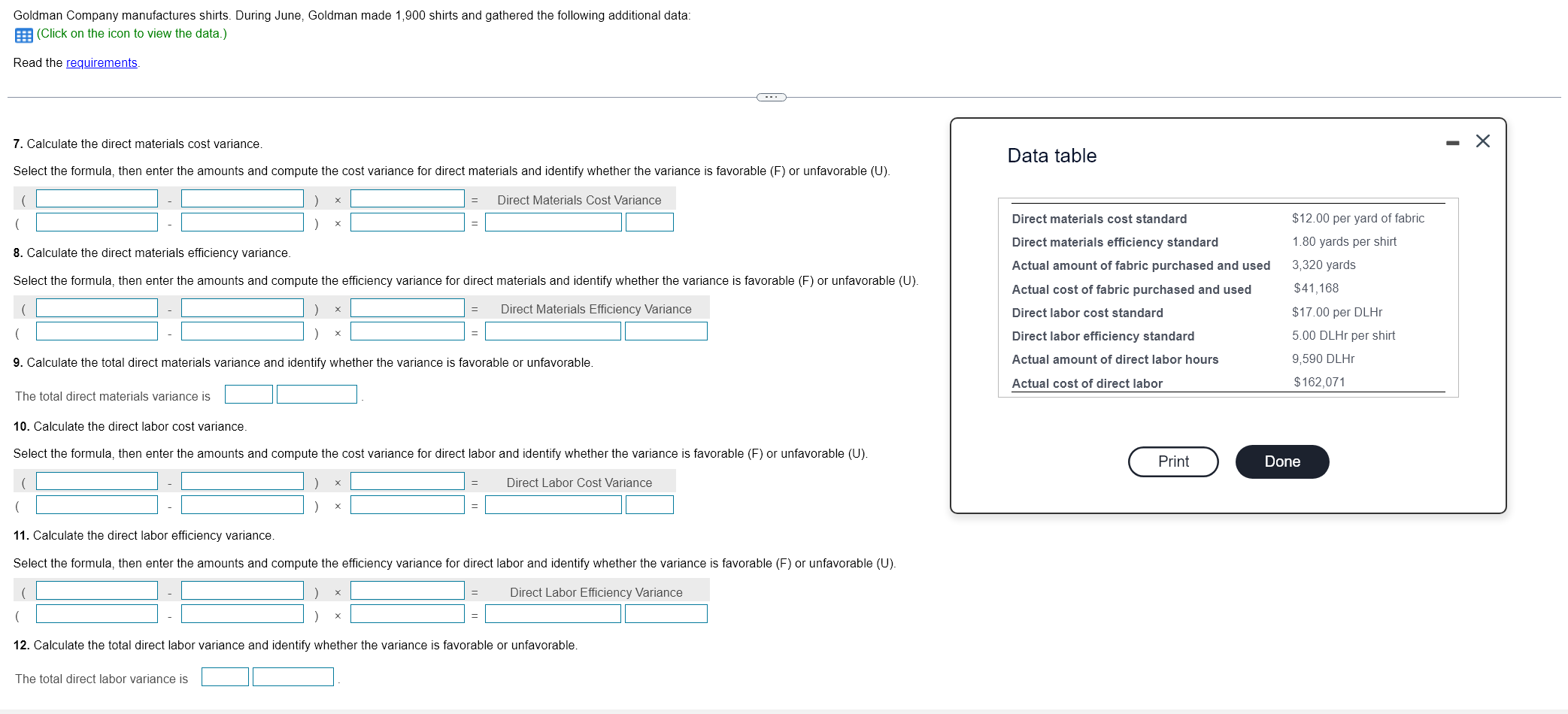  Read the requirements. Calculate the direct materials cost variance. Select the