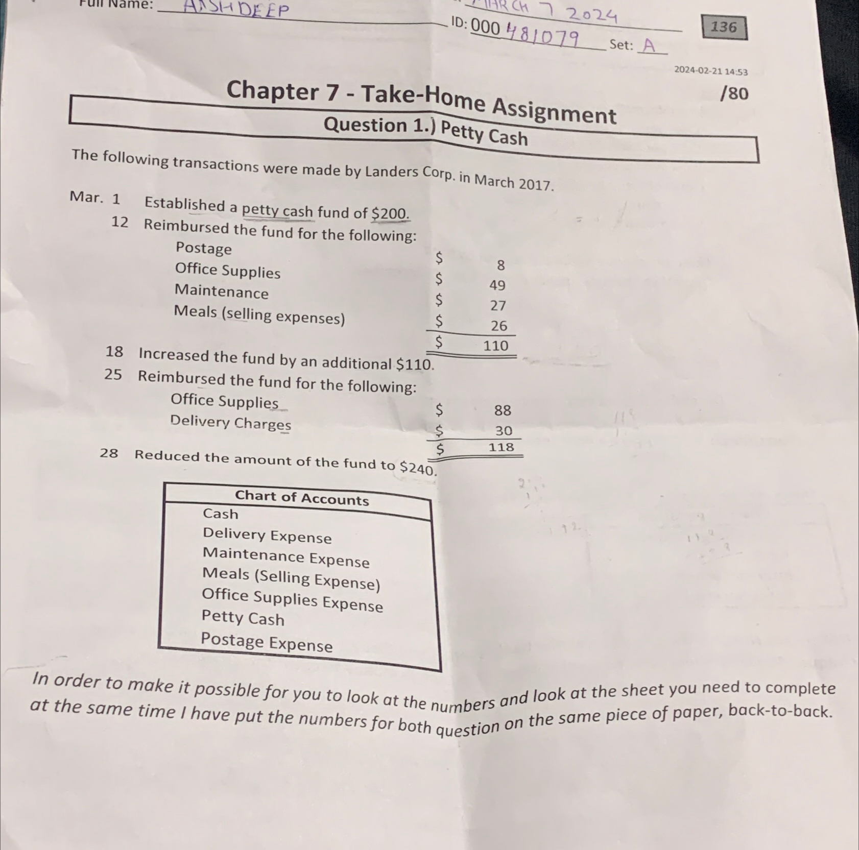  ID: 000481079 set The following transactions were made by Landers Corp.