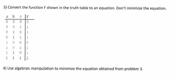  3) Convert the function F shown in the truth table to