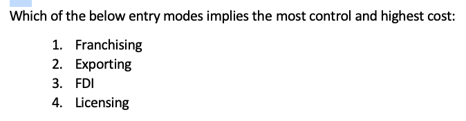 Which of the below entry modes implies the most control and