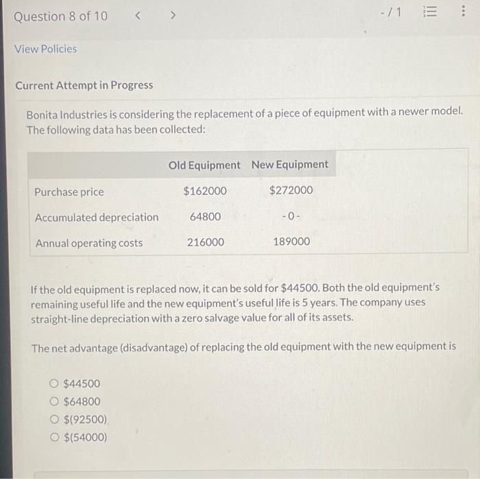 QUICKLY Current Attempt in Progress Bonita Industries is considering the replacement of