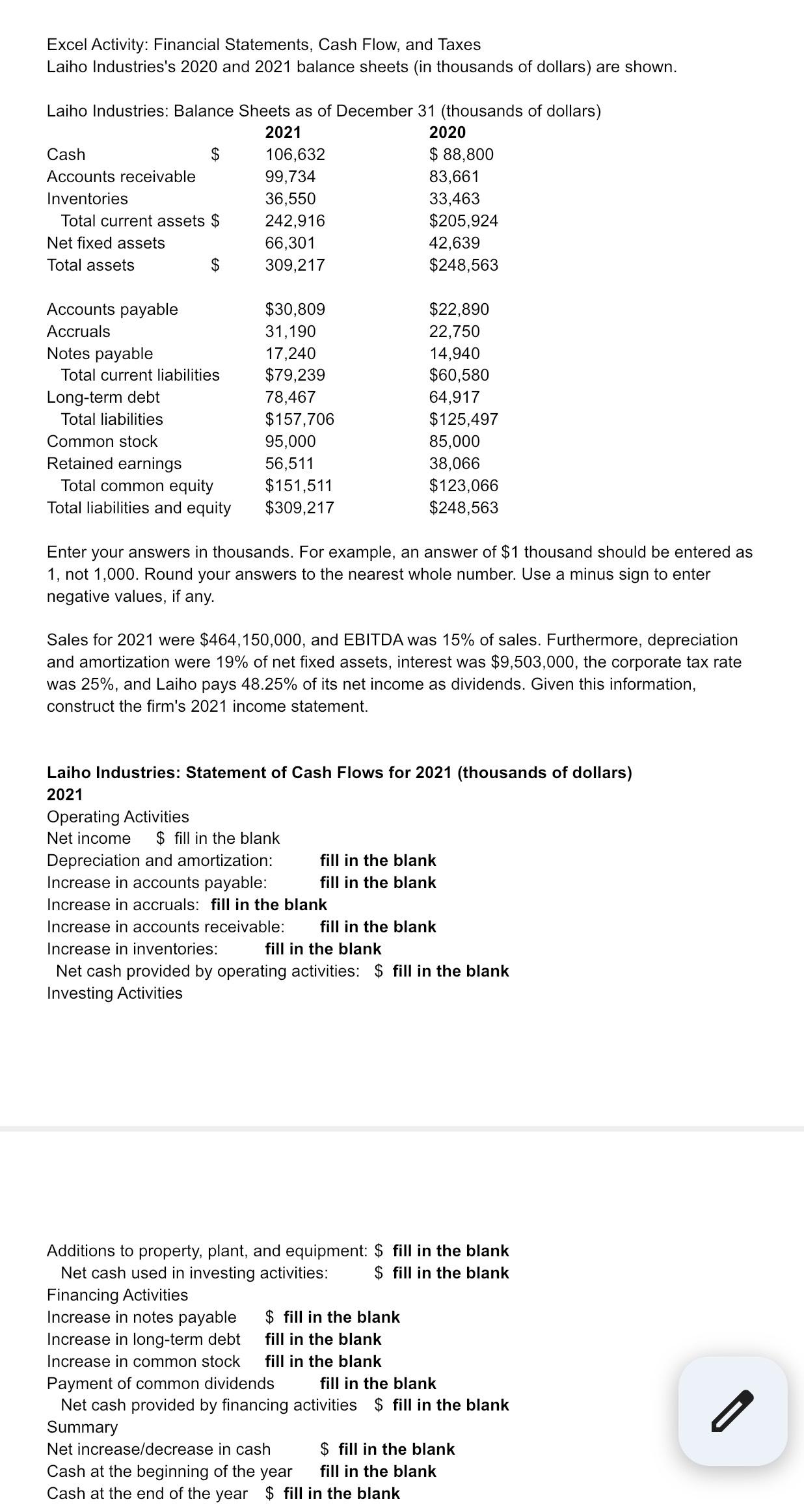 Excel Activity: Financial Statements, Cash Flow, and Taxes Laiho Industries's 2020 and