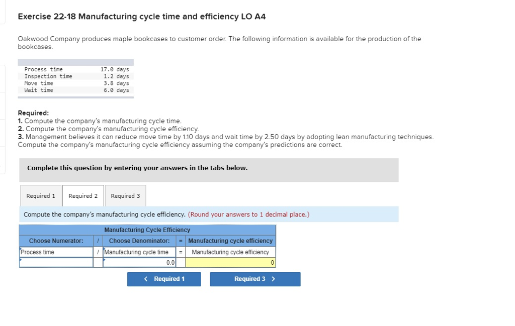 Please place in grid. Thanks Exercise 22-18 Manufacturing cycle time and
