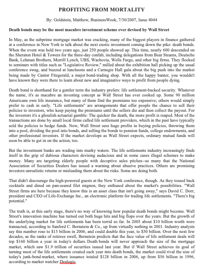  Create a Death Bond Diagram PROFITING FROM MORTALITY By: Goldstein, Matthew,