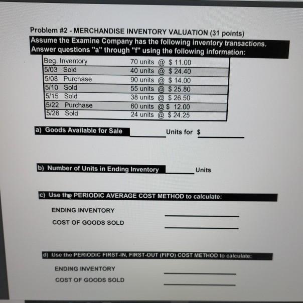 Problem #2 - MERCHANDISE INVENTORY VALUATION (31 points) Assume the Examine
