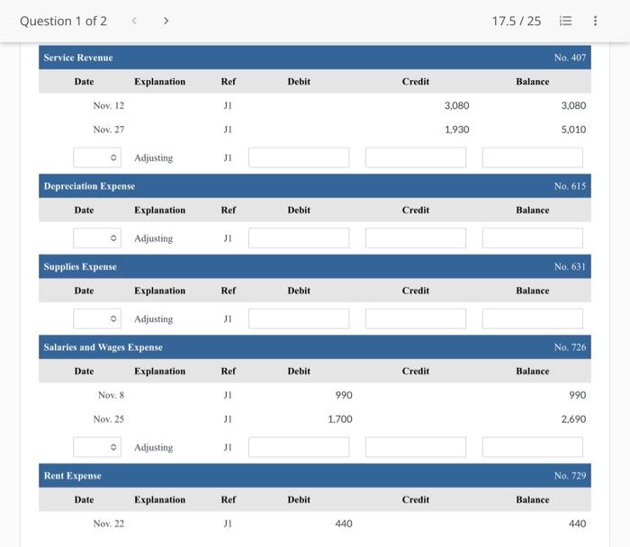 No, 407 Service Revenue, No. 615 Depreciation Expense. No. 631 Supplies Expense,
