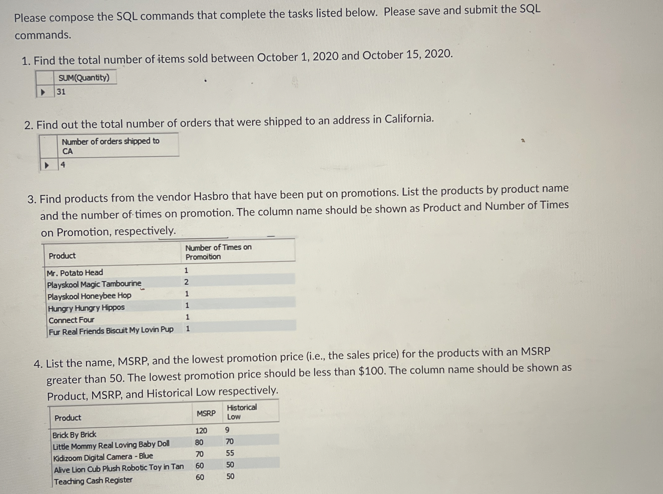  Please compose the SQL commands that complete the tasks listed below.