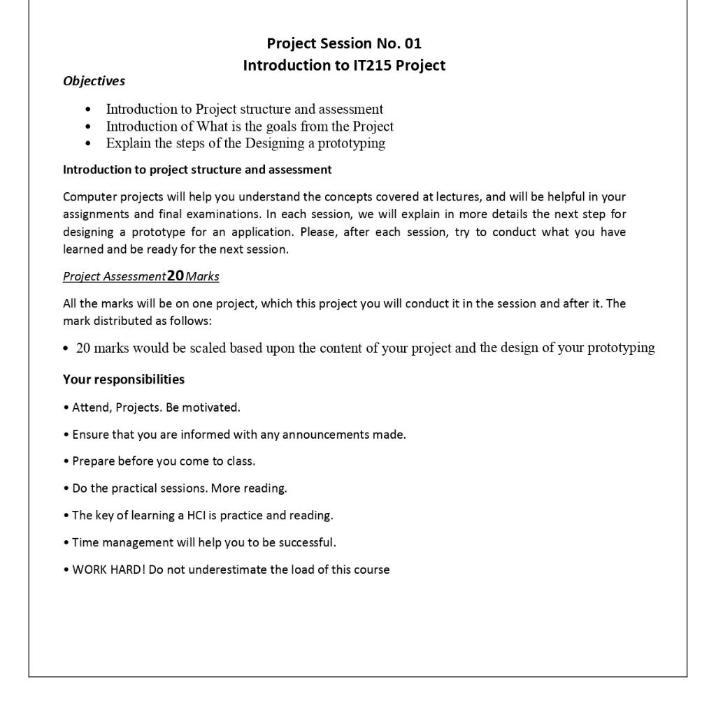 Project Session No. 01 Introduction to IT215 Project Objectives - Introduction