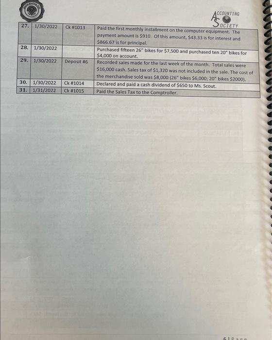 entries for the month of January. Write the journal entries in the