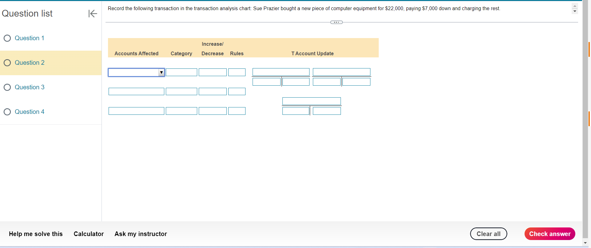 Record the following transaction in the transaction analysis chart: Sue Prazier bought