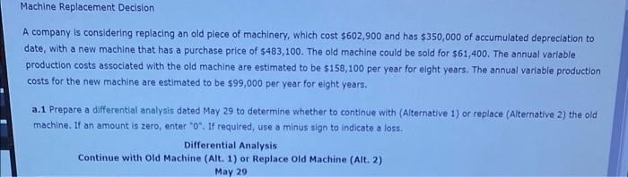  Machine Replacement Decision A company is considering replacing an old plece