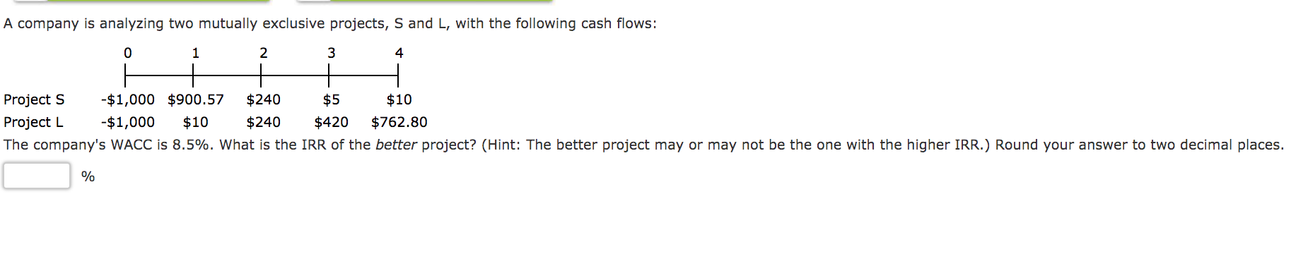  A company is analyzing two mutually exclusive projects, S and L,