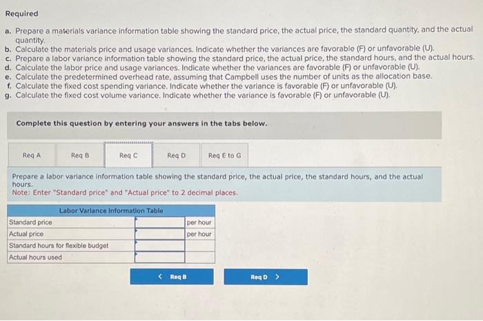 (F) or unfavorable (U). c. Prepare a labor variance information table showing