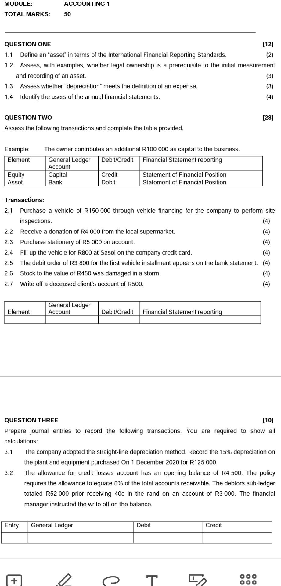  MODULE: ACCOUNTING 1 TOTAL MARKS: 50 QUESTION ONE [12] 1.1 Define