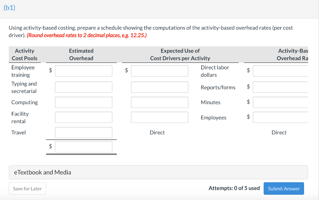 (51) Using activity-based costing, prepare a schedule showing the computations of