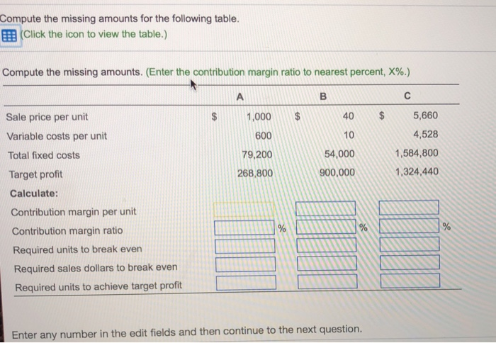  Compute the missing amounts for the following table. EEB Click the
