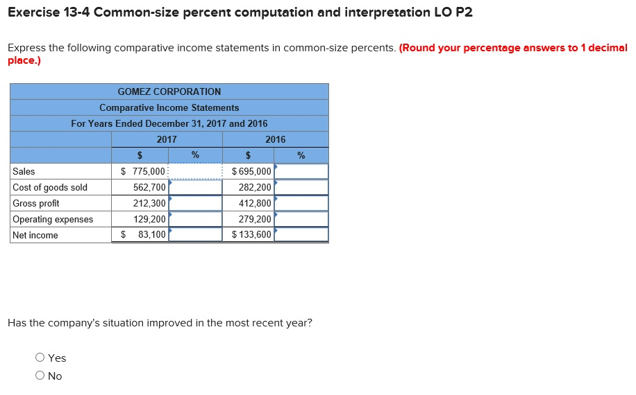 Exercise 13-4 Common-size percent computation and interpretation LO P2 Express the