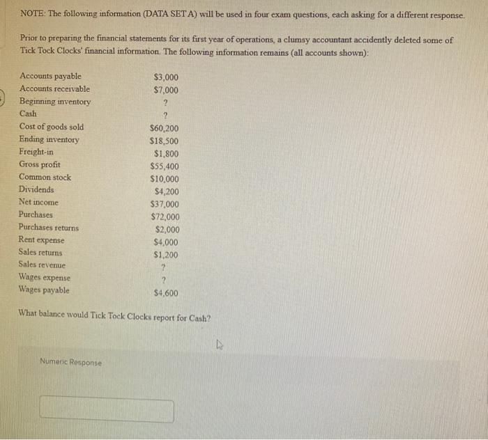  NOTE: The following information (DATA SET A) will be used in