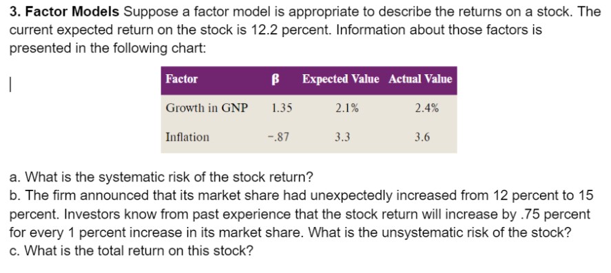 Show step by step and formulas. No excel 3. Factor Models Suppose
