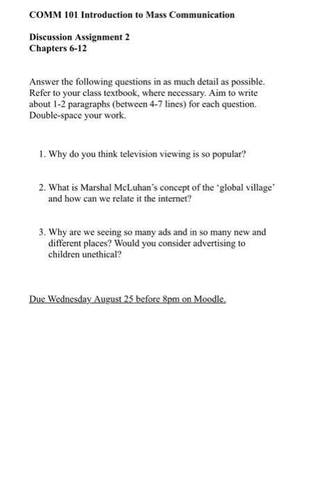  COMM 101 Introduction to Mass Communication Discussion Assignment 2 Chapters 6-12