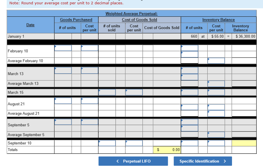 in ending inventory. \begin{tabular}{|c|c|c|c|c|c|c|c|c|c|c|} \hline \multicolumn{11}{|c|}{ Perpetual LIFO: } \\ \hline \multirow{2}{*}{Date}