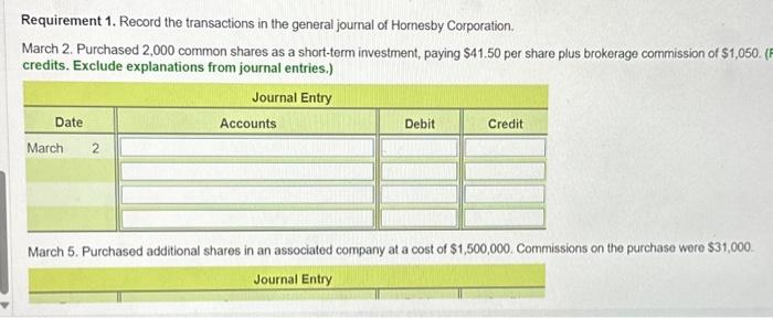 year: Assume that Hornesby Corporation completed the following investment transactions during 2023: