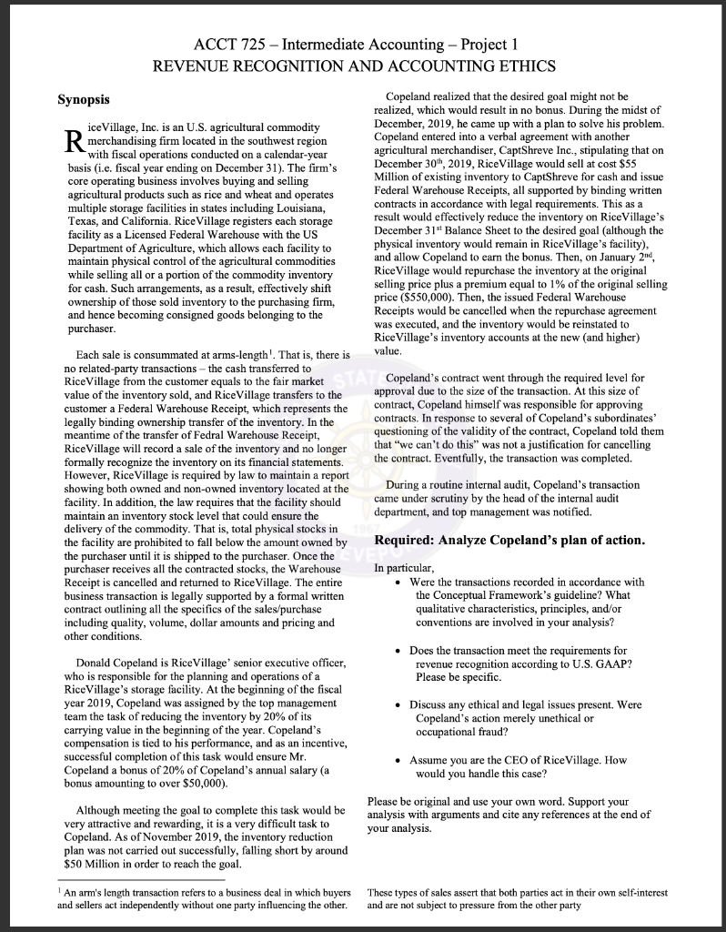 ACCT 725 - Intermediate Accounting - Project 1 REVENUE RECOGNITION AND