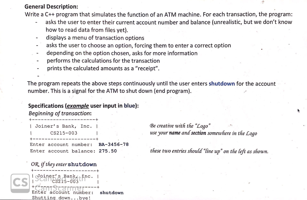  General Description: Write a C++ program that simulates the function of