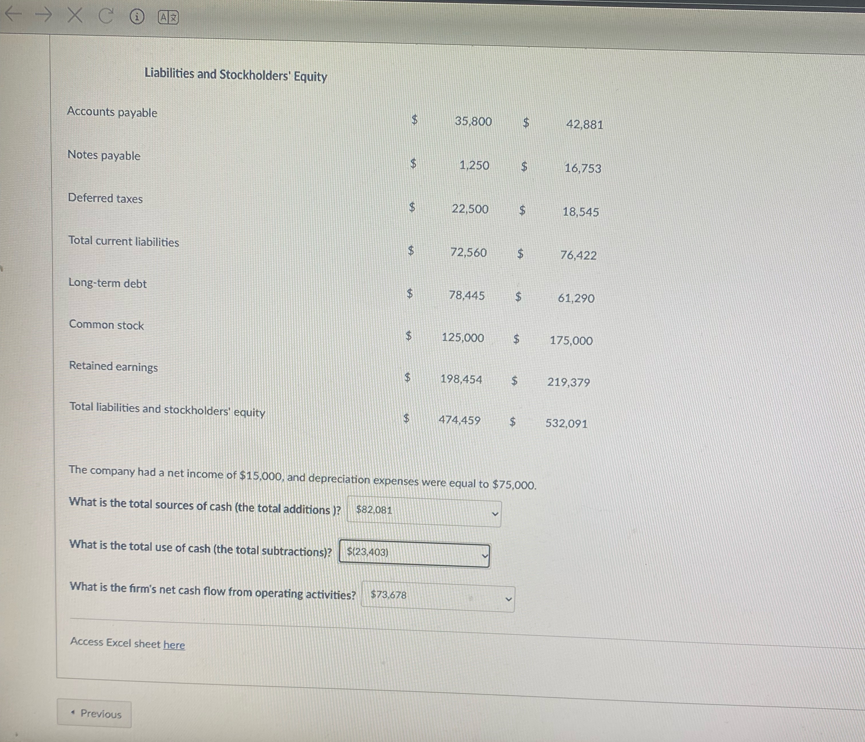  Liabilities and Stockholders' Equity Accounts payable \table[[$,35,800,$,42,881]] Notes payable \table[[$,1,250,$,16,753]] Deferred
