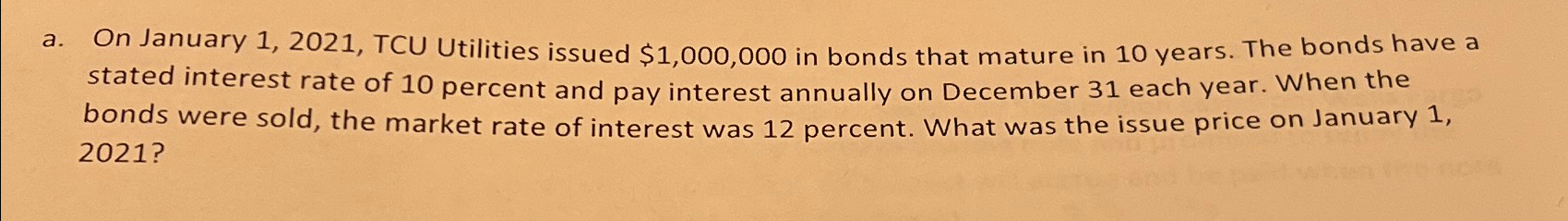 a. On January 1,2021, TCU Utilities issued $1,000,000 in bonds that