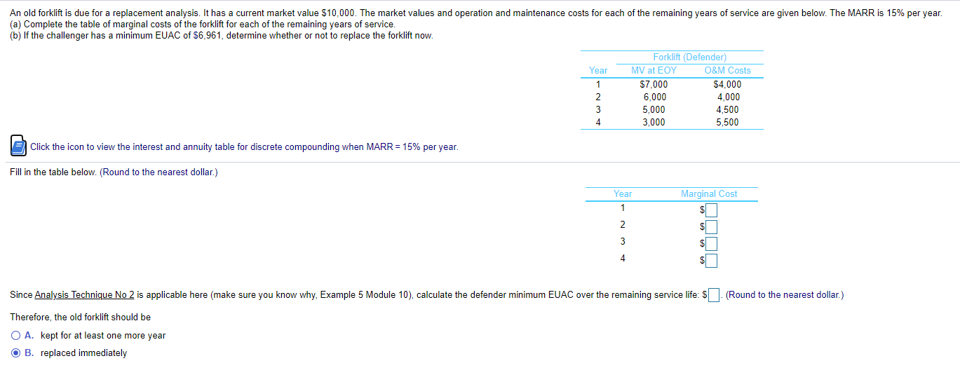  An old forklift is due for a replacement analysis. It has