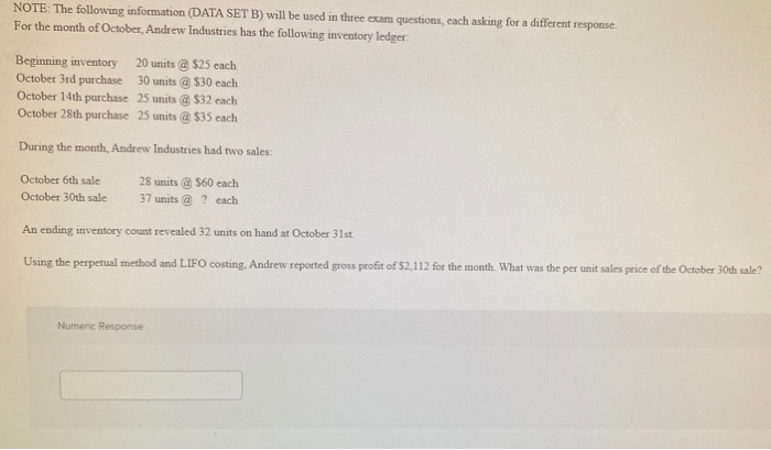  NOTE: The following information (DATA SET B) will be used in