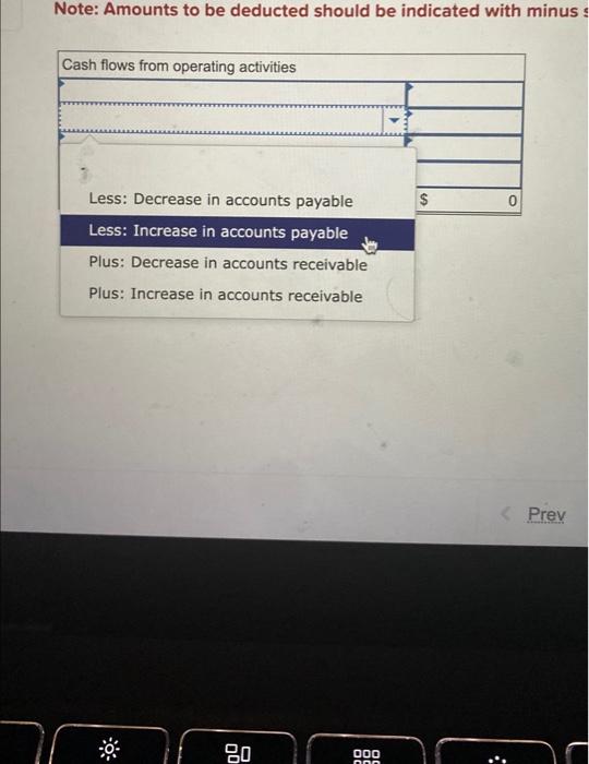 flows using the indirect method. The following accounts and cocresponding bolances were