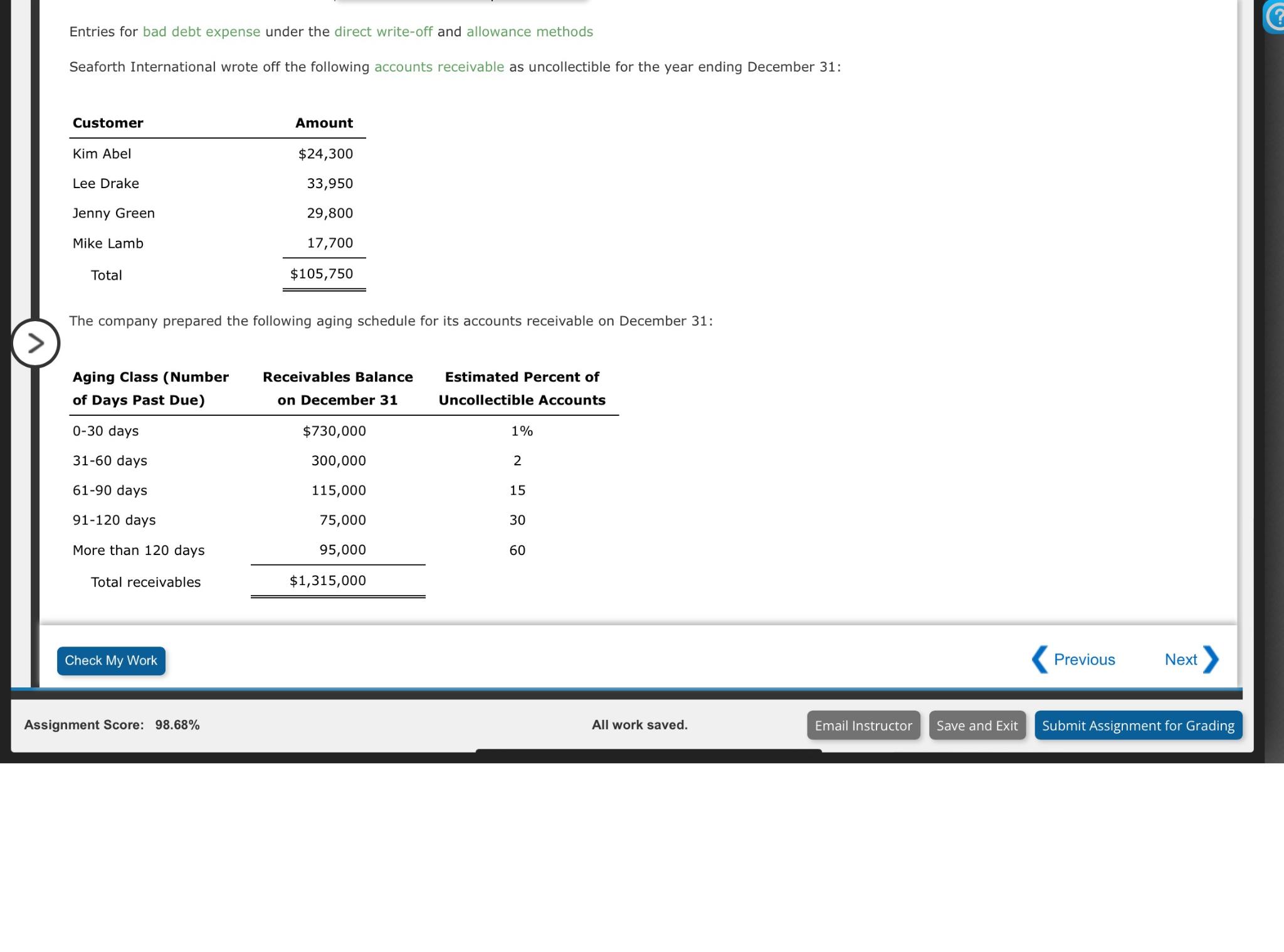  Entries for bad debt expense under the direct write-off and allowance