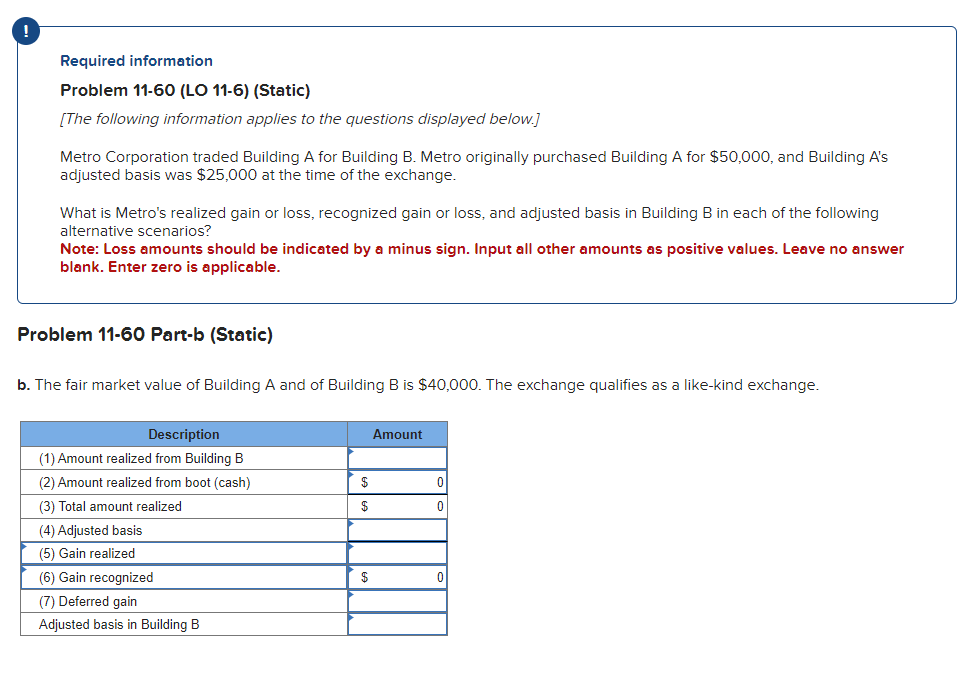plz Required information Problem 11-60 (LO 11-6) (Static) [The following information applies