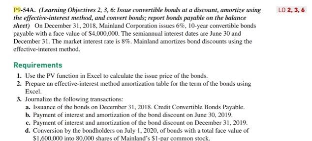 P9-54A. (Learning Objectives 2, 3, 6 Issue convertible bonds at a discount,