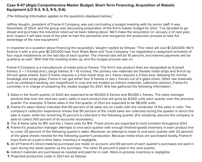  Case 9-47(Algo) Comprehensive Master Budget; Short-Term Financing; Acquisition of Robotic The