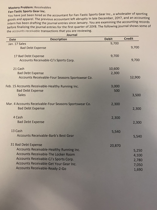 for this assignment. Mastery Problem: Receivables Fan-Tastic Sports Gear Inc. You have