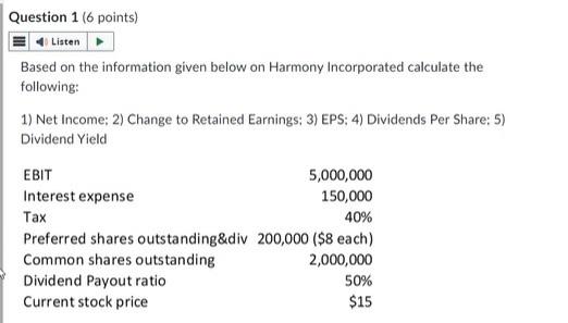  Based on the information given below on Harmony Incorporated calculate the