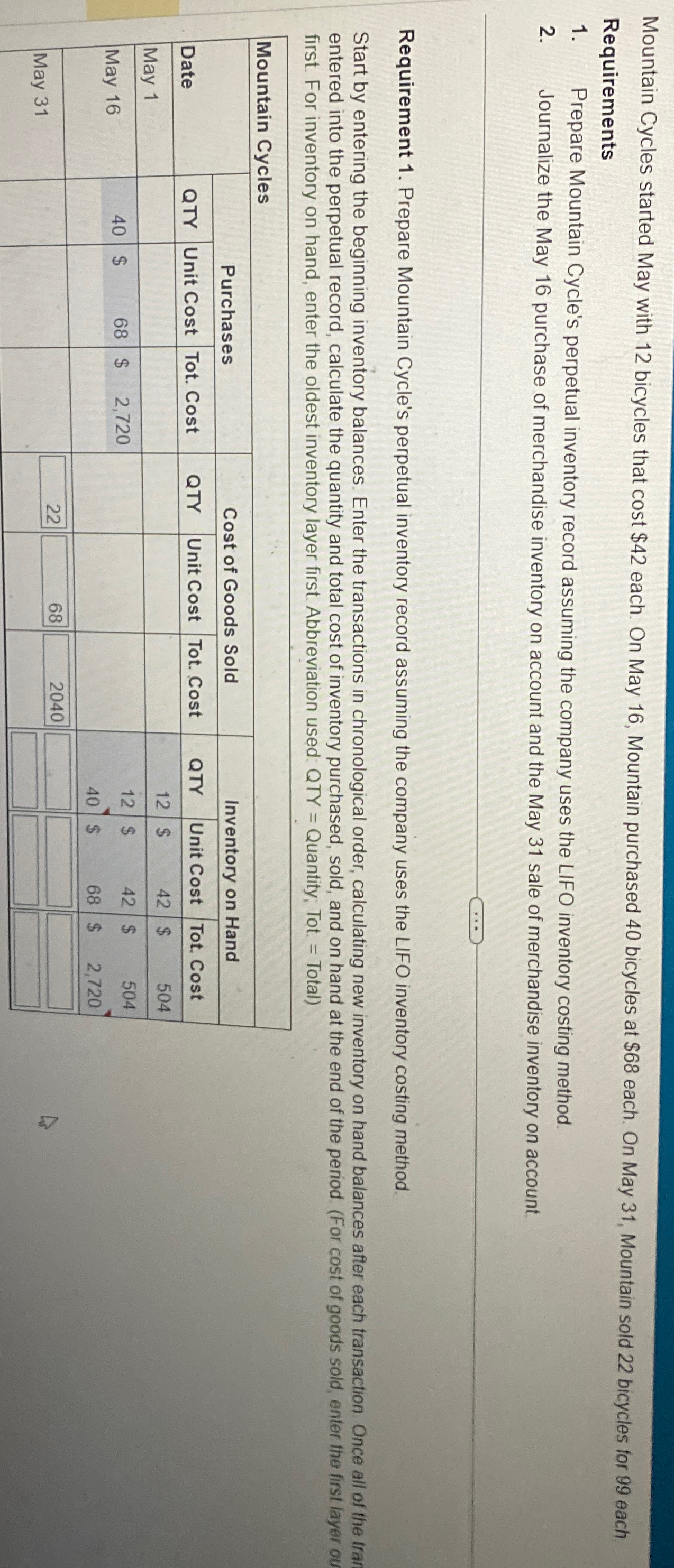  Mountain Cycles started May with 12 bicycles that cost $42 each.