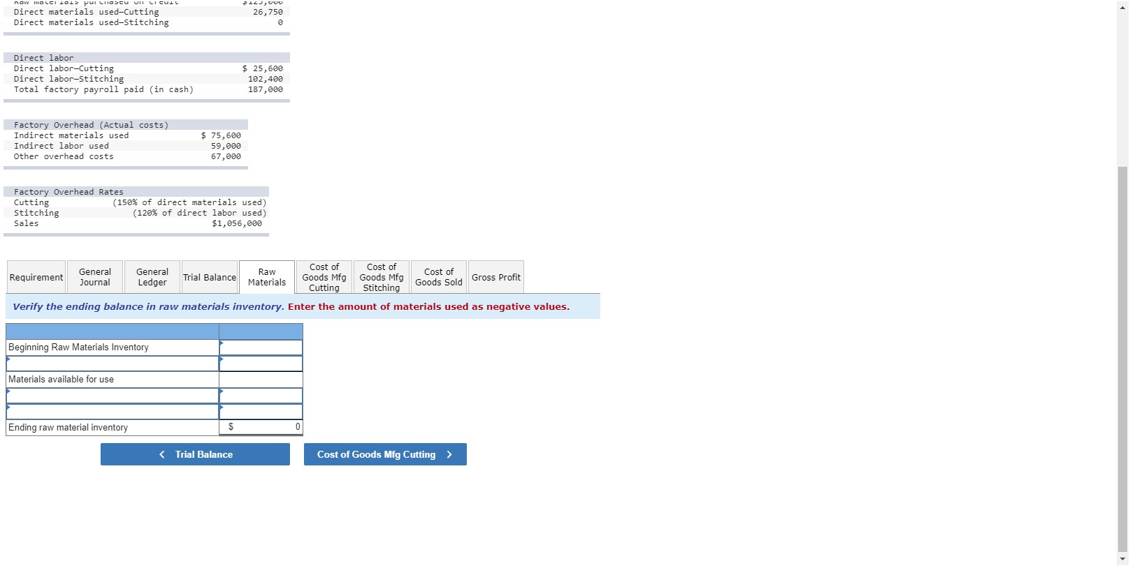 two sequential processes: Cutting and Stitching. All direct materials enter production at