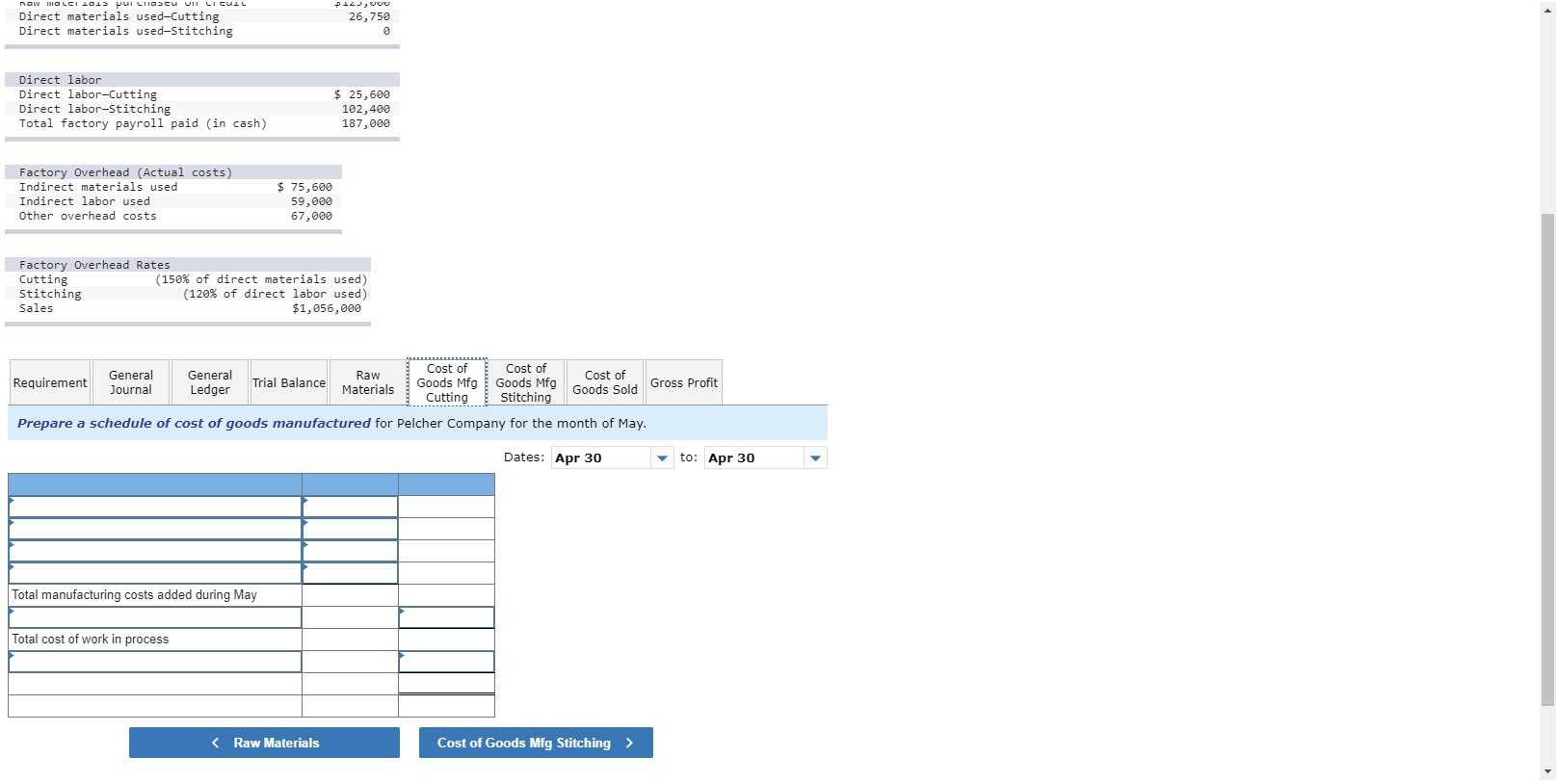 the beginning of the Cutting process. The following information is available regarding