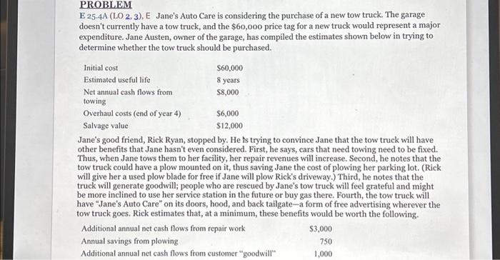  PROBLEM E 25.4A (LO 2, 3), E Jane's Auto Care is
