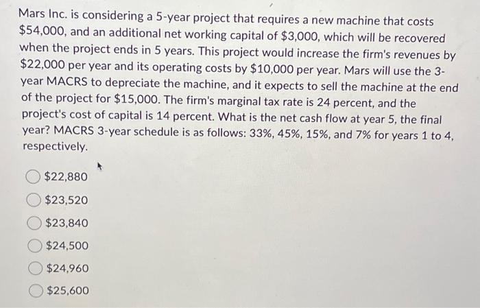 Mars Inc. is considering a 5-year project that requires a new